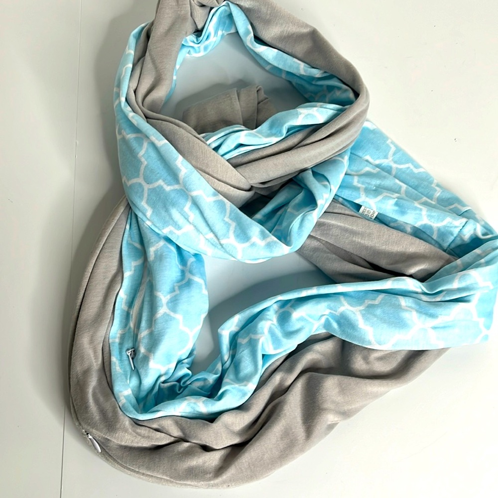 Two Hidden Zipper Infinity Scarfs to hide important things! blue grey white EUC